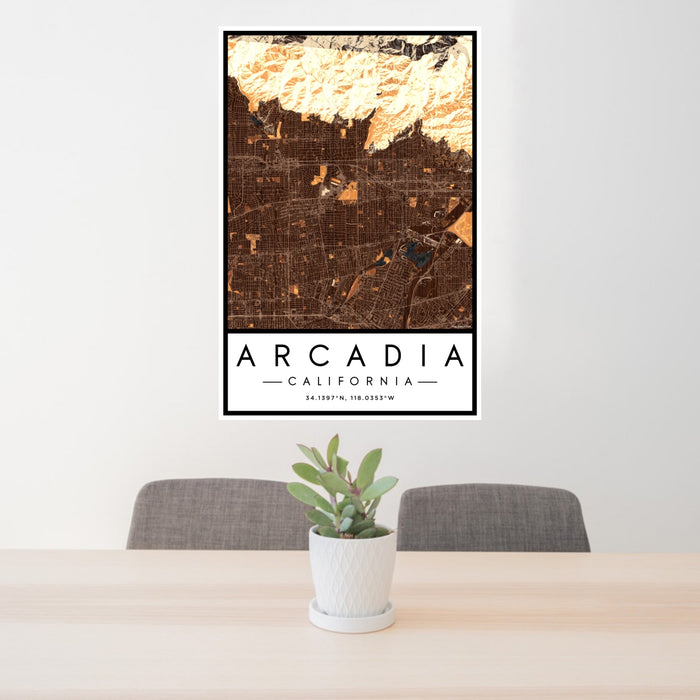 24x36 Arcadia California Map Print Portrait Orientation in Ember Style Behind 2 Chairs Table and Potted Plant