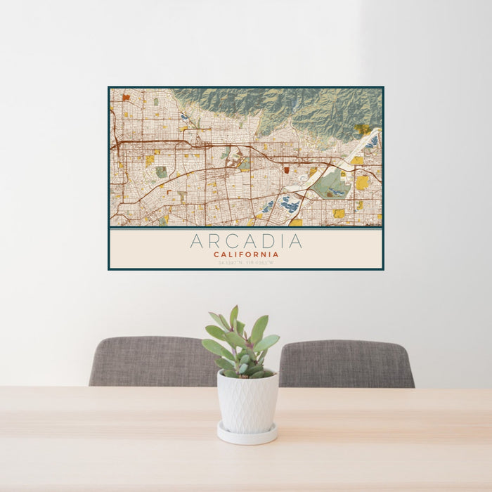 24x36 Arcadia California Map Print Lanscape Orientation in Woodblock Style Behind 2 Chairs Table and Potted Plant