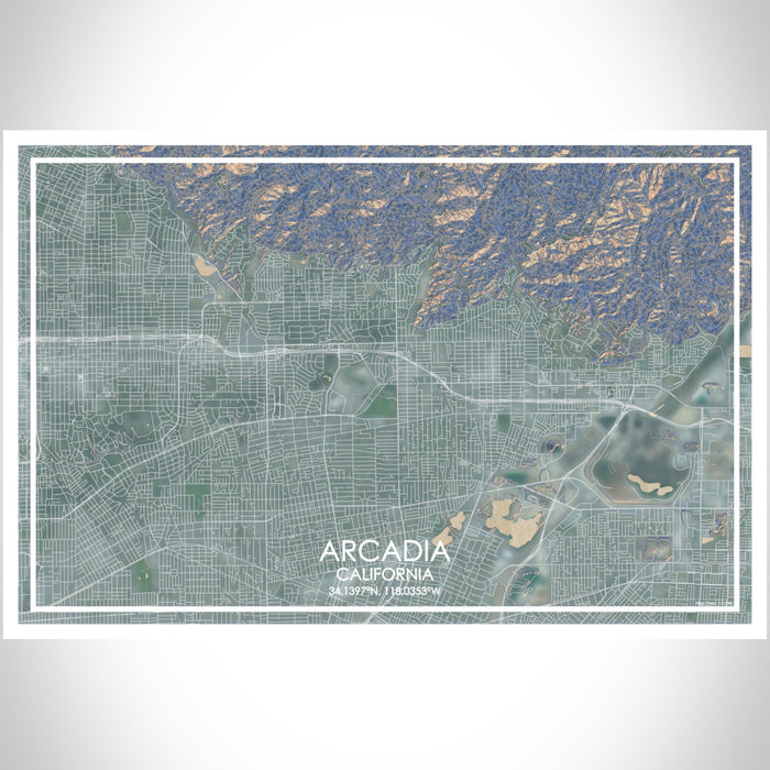 Arcadia California Map Print Landscape Orientation in Afternoon Style With Shaded Background