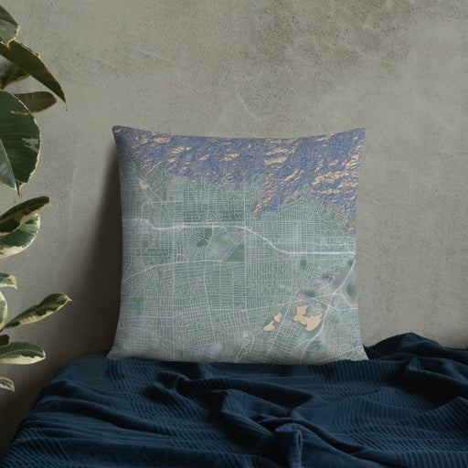 Custom Arcadia California Map Throw Pillow in Afternoon on Bedding Against Wall