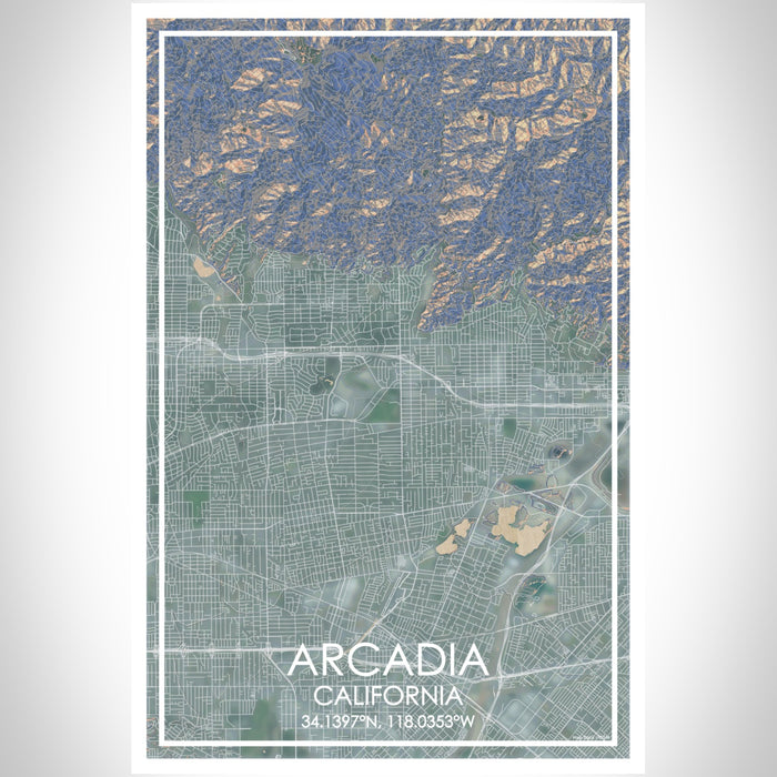 Arcadia California Map Print Portrait Orientation in Afternoon Style With Shaded Background