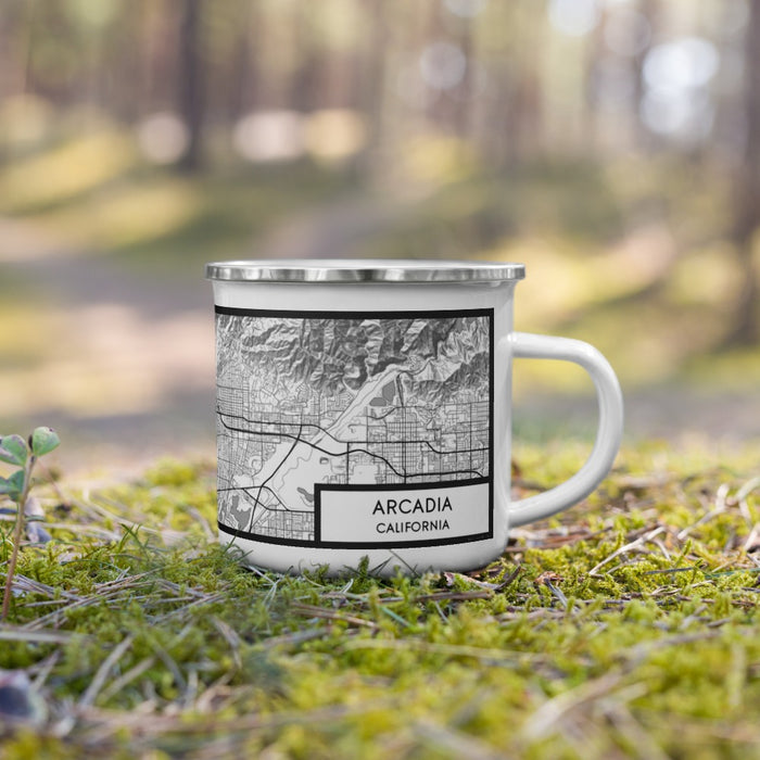 Right View Custom Arcadia California Map Enamel Mug in Classic on Grass With Trees in Background