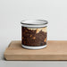 Front View Custom Arcadia California Map Enamel Mug in Ember on Cutting Board