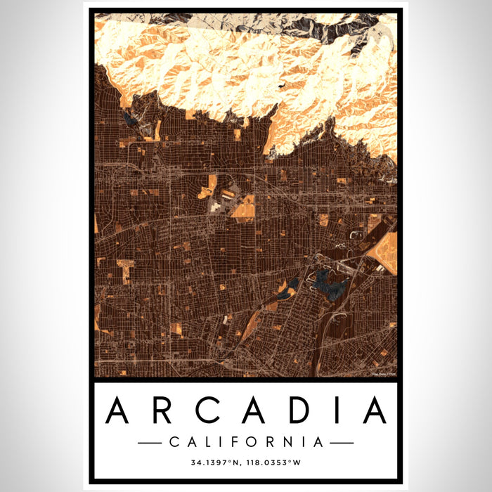 Arcadia California Map Print Portrait Orientation in Ember Style With Shaded Background