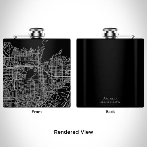 Rendered View of Arcadia California Map Engraving on 6oz Stainless Steel Flask in Black