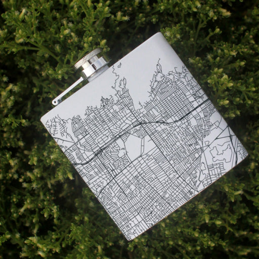 Arcadia California Custom Engraved City Map Inscription Coordinates on 6oz Stainless Steel Flask in White