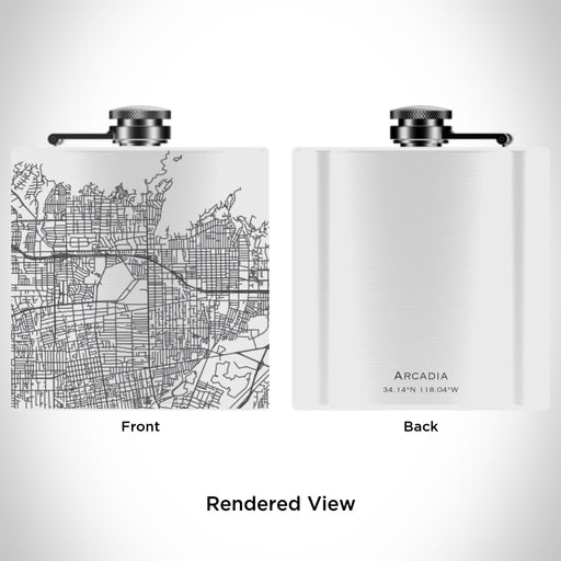 Rendered View of Arcadia California Map Engraving on 6oz Stainless Steel Flask in White
