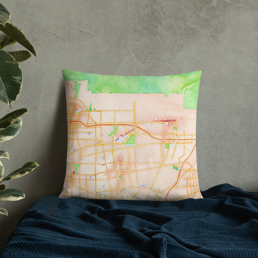 Custom Arcadia California Map Throw Pillow in Watercolor on Bedding Against Wall
