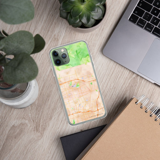 Custom Arcadia California Map Phone Case in Watercolor on Table with Laptop and Plant