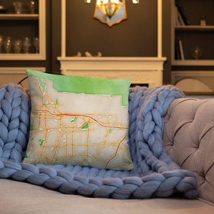 Custom Arcadia California Map Throw Pillow in Watercolor on Cream Colored Couch