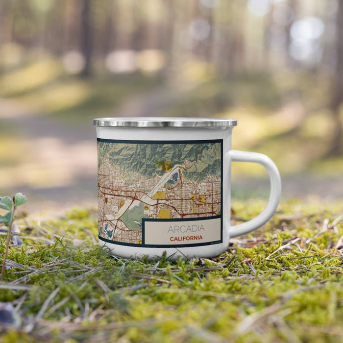 Right View Custom Arcadia California Map Enamel Mug in Woodblock on Grass With Trees in Background