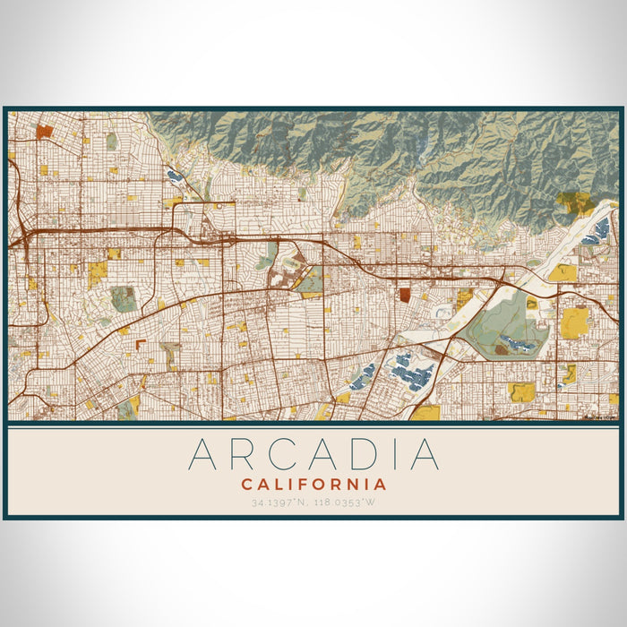 Arcadia California Map Print Landscape Orientation in Woodblock Style With Shaded Background