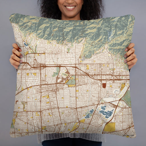 Person holding 22x22 Custom Arcadia California Map Throw Pillow in Woodblock