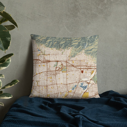 Custom Arcadia California Map Throw Pillow in Woodblock on Bedding Against Wall