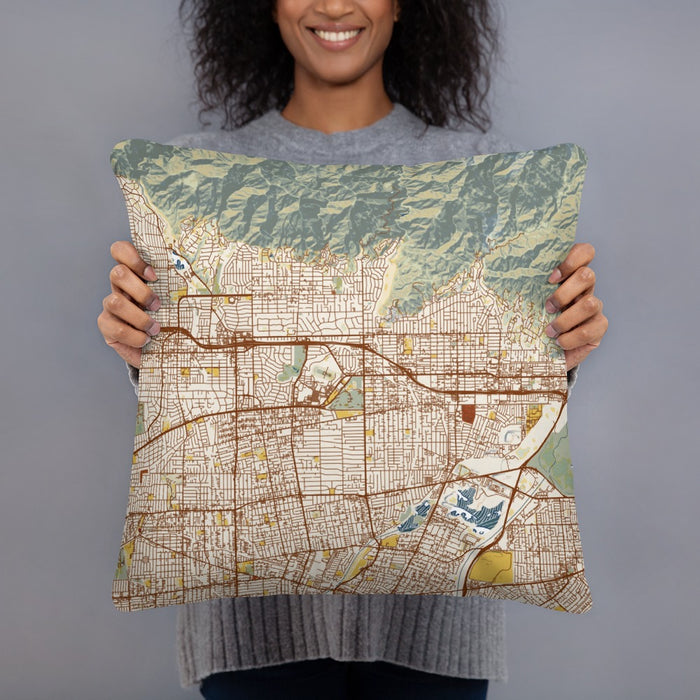 Person holding 18x18 Custom Arcadia California Map Throw Pillow in Woodblock