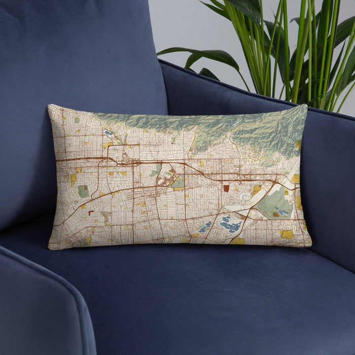 Custom Arcadia California Map Throw Pillow in Woodblock on Blue Colored Chair
