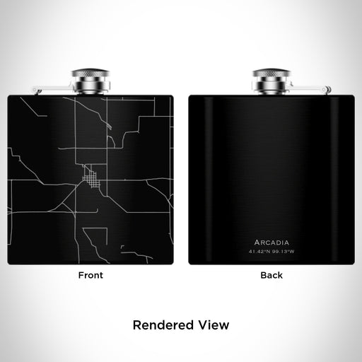 Rendered View of Arcadia Nebraska Map Engraving on 6oz Stainless Steel Flask in Black