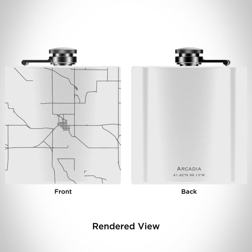 Rendered View of Arcadia Nebraska Map Engraving on 6oz Stainless Steel Flask in White