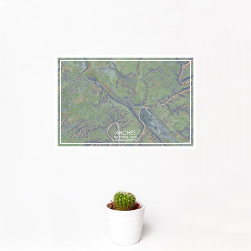 12x18 Arches National Park Map Print Landscape Orientation in Afternoon Style With Small Cactus Plant in White Planter