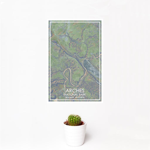 12x18 Arches National Park Map Print Portrait Orientation in Afternoon Style With Small Cactus Plant in White Planter