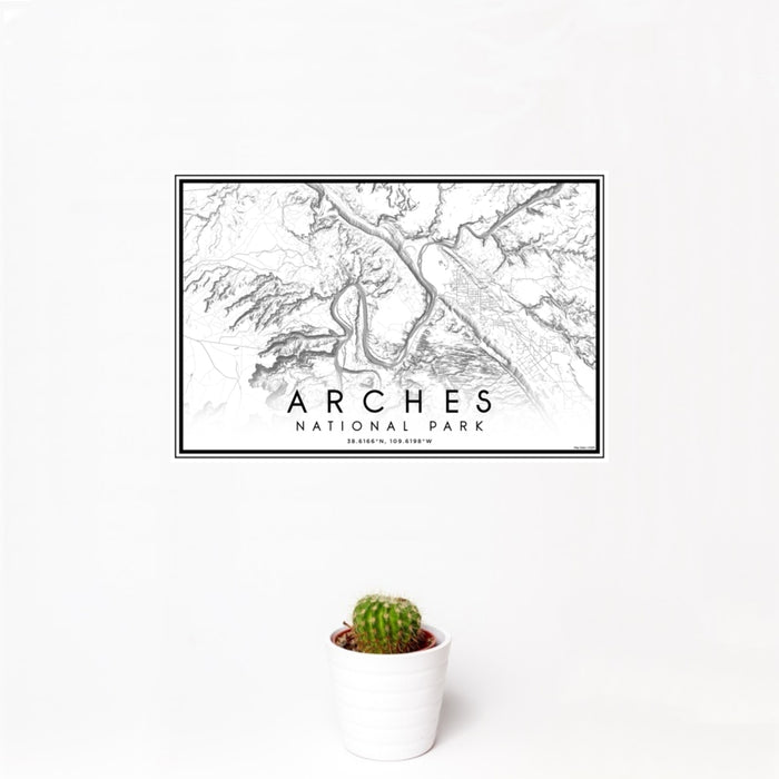 12x18 Arches National Park Map Print Landscape Orientation in Classic Style With Small Cactus Plant in White Planter