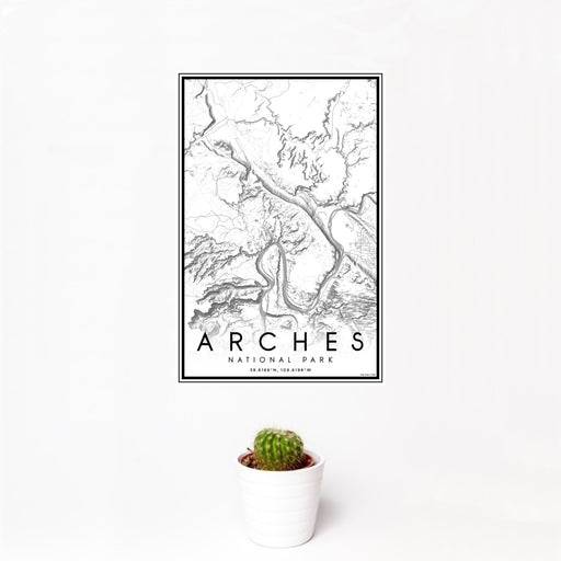 12x18 Arches National Park Map Print Portrait Orientation in Classic Style With Small Cactus Plant in White Planter