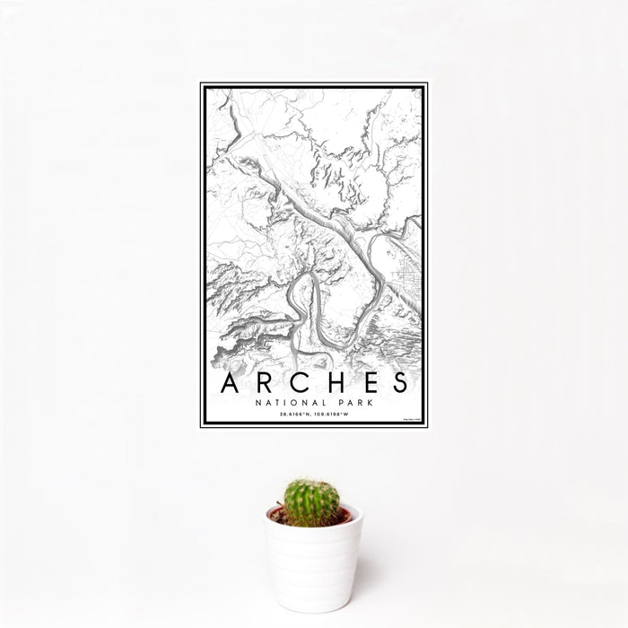 12x18 Arches National Park Map Print Portrait Orientation in Classic Style With Small Cactus Plant in White Planter