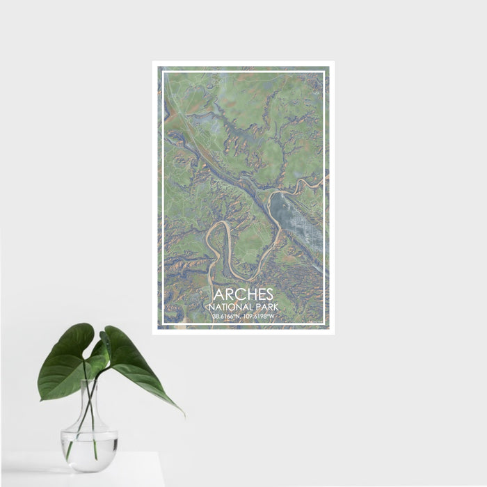 16x24 Arches National Park Map Print Portrait Orientation in Afternoon Style With Tropical Plant Leaves in Water