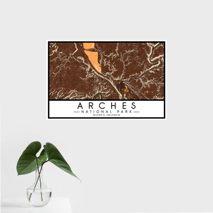 16x24 Arches National Park Map Print Landscape Orientation in Ember Style With Tropical Plant Leaves in Water