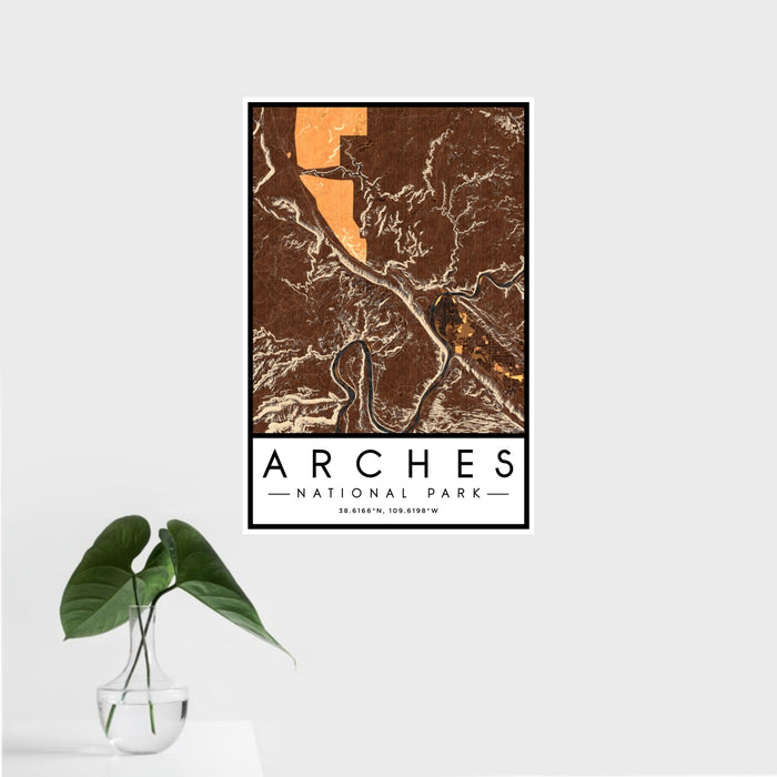 16x24 Arches National Park Map Print Portrait Orientation in Ember Style With Tropical Plant Leaves in Water
