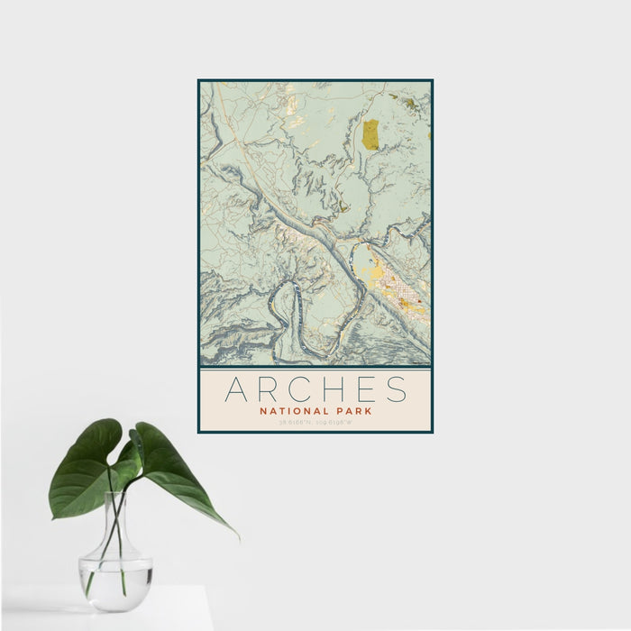 16x24 Arches National Park Map Print Portrait Orientation in Woodblock Style With Tropical Plant Leaves in Water