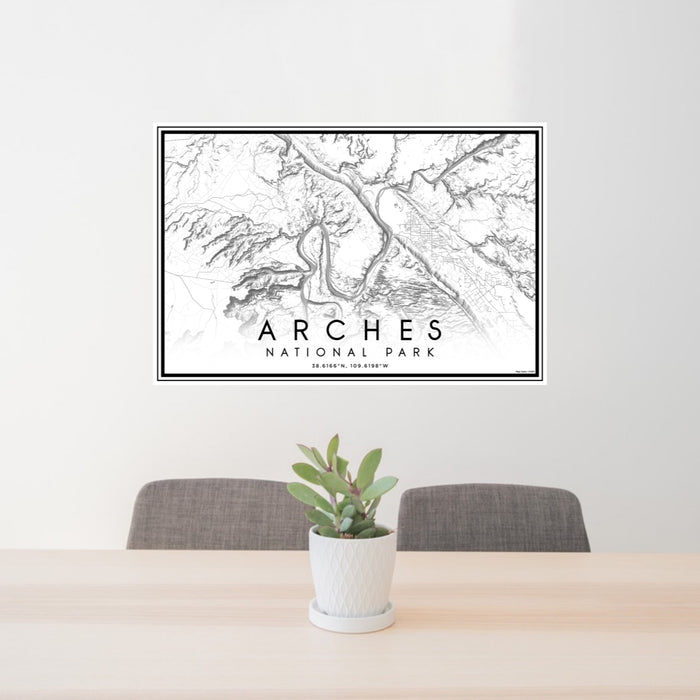 24x36 Arches National Park Map Print Lanscape Orientation in Classic Style Behind 2 Chairs Table and Potted Plant