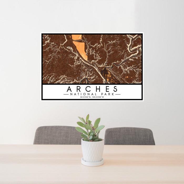 24x36 Arches National Park Map Print Lanscape Orientation in Ember Style Behind 2 Chairs Table and Potted Plant