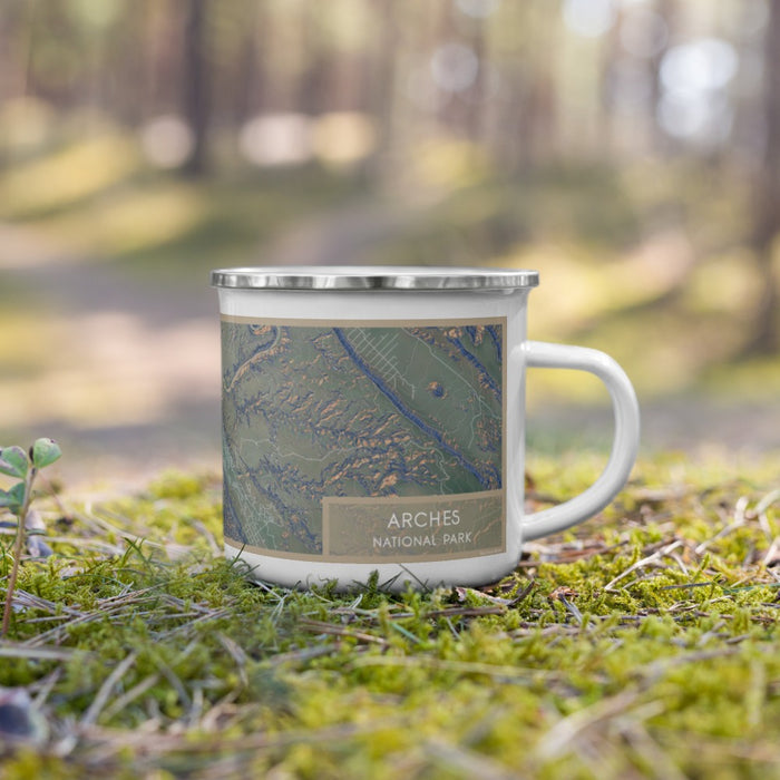 Right View Custom Arches National Park Map Enamel Mug in Afternoon on Grass With Trees in Background