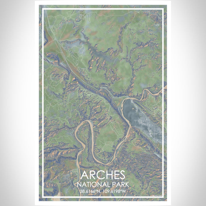 Arches National Park Map Print Portrait Orientation in Afternoon Style With Shaded Background