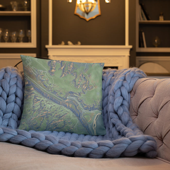 Custom Arches National Park Map Throw Pillow in Afternoon on Cream Colored Couch