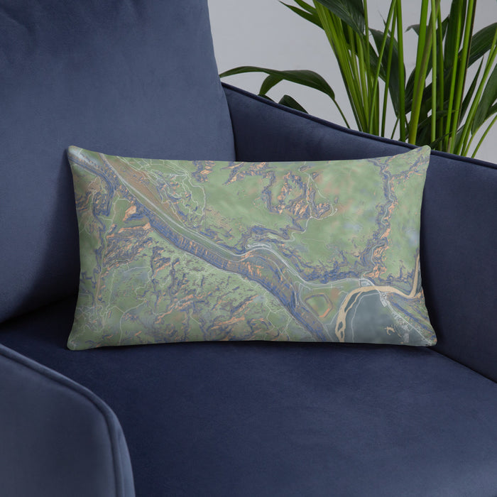 Custom Arches National Park Map Throw Pillow in Afternoon on Blue Colored Chair