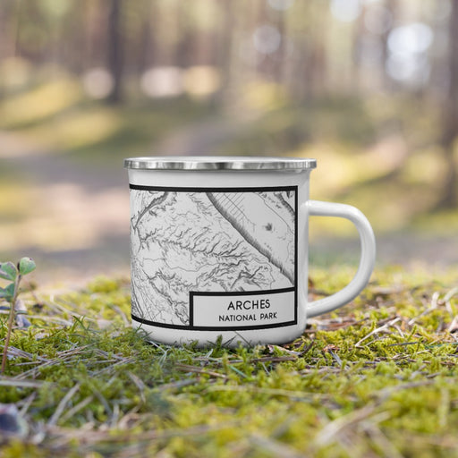 Right View Custom Arches National Park Map Enamel Mug in Classic on Grass With Trees in Background
