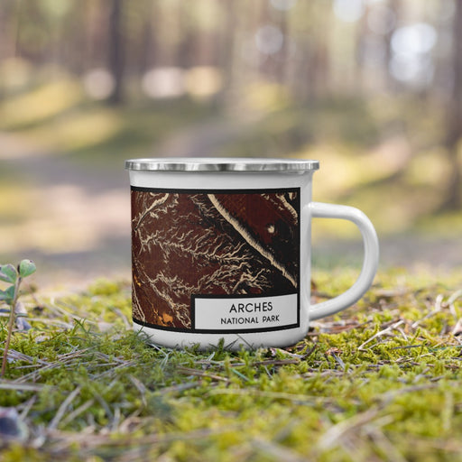 Right View Custom Arches National Park Map Enamel Mug in Ember on Grass With Trees in Background