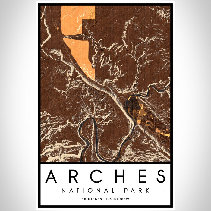 Arches National Park Map Print Portrait Orientation in Ember Style With Shaded Background
