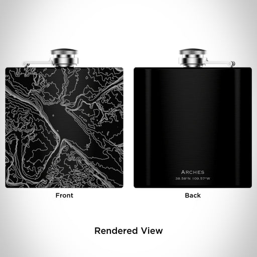 Rendered View of Arches National Park Map Engraving on 6oz Stainless Steel Flask in Black