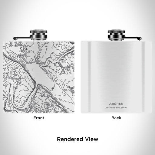 Rendered View of Arches National Park Map Engraving on 6oz Stainless Steel Flask in White
