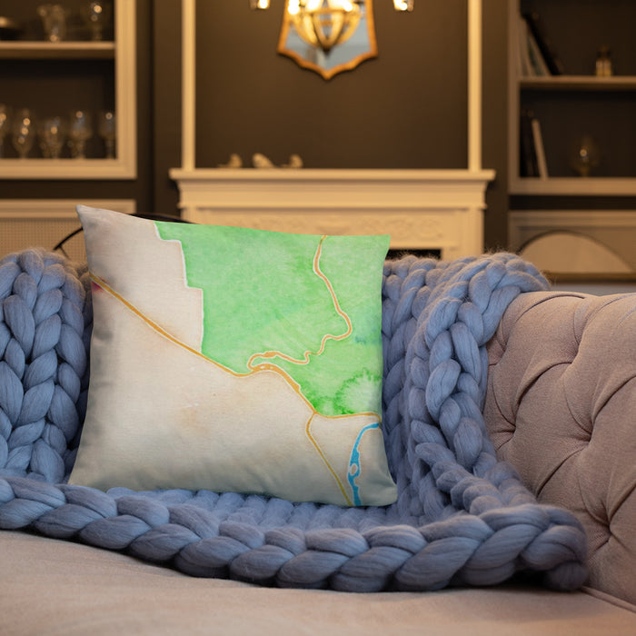 Custom Arches National Park Map Throw Pillow in Watercolor on Cream Colored Couch