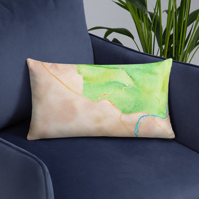 Custom Arches National Park Map Throw Pillow in Watercolor on Blue Colored Chair