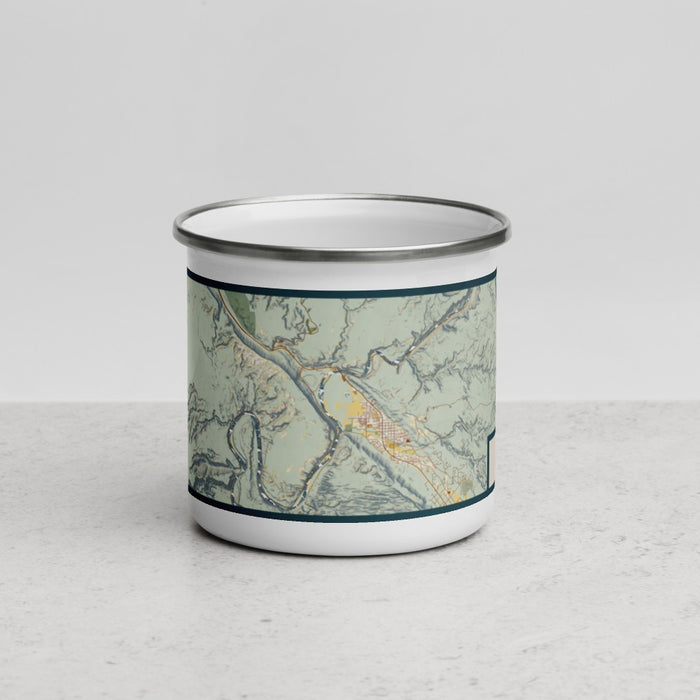Front View Custom Arches National Park Map Enamel Mug in Woodblock