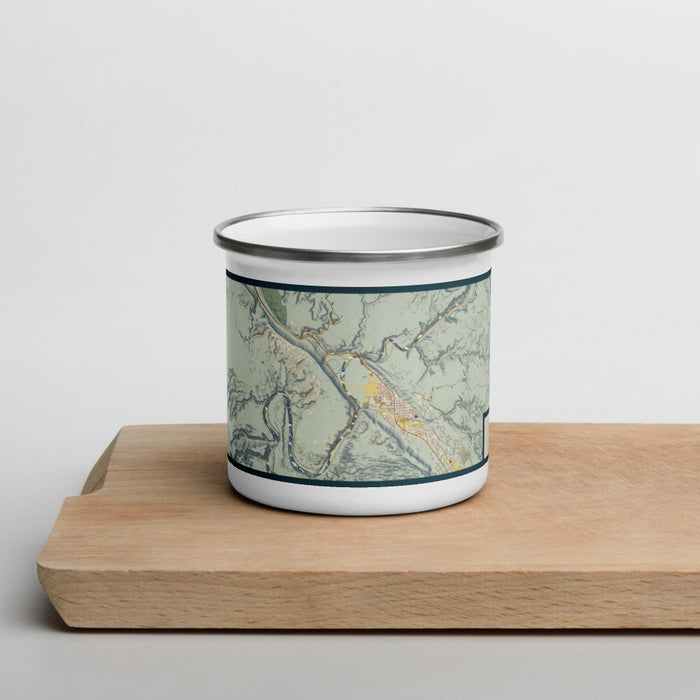 Front View Custom Arches National Park Map Enamel Mug in Woodblock on Cutting Board