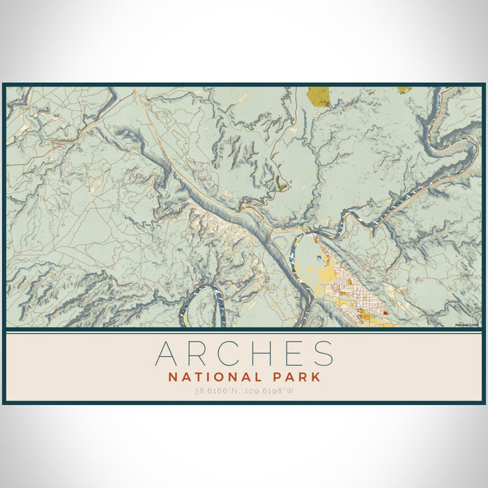 Arches National Park Map Print Landscape Orientation in Woodblock Style With Shaded Background