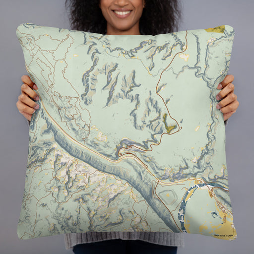 Person holding 22x22 Custom Arches National Park Map Throw Pillow in Woodblock