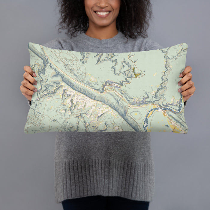 Person holding 20x12 Custom Arches National Park Map Throw Pillow in Woodblock