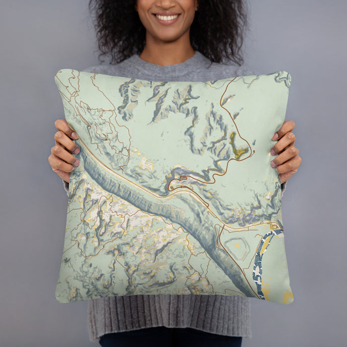 Person holding 18x18 Custom Arches National Park Map Throw Pillow in Woodblock